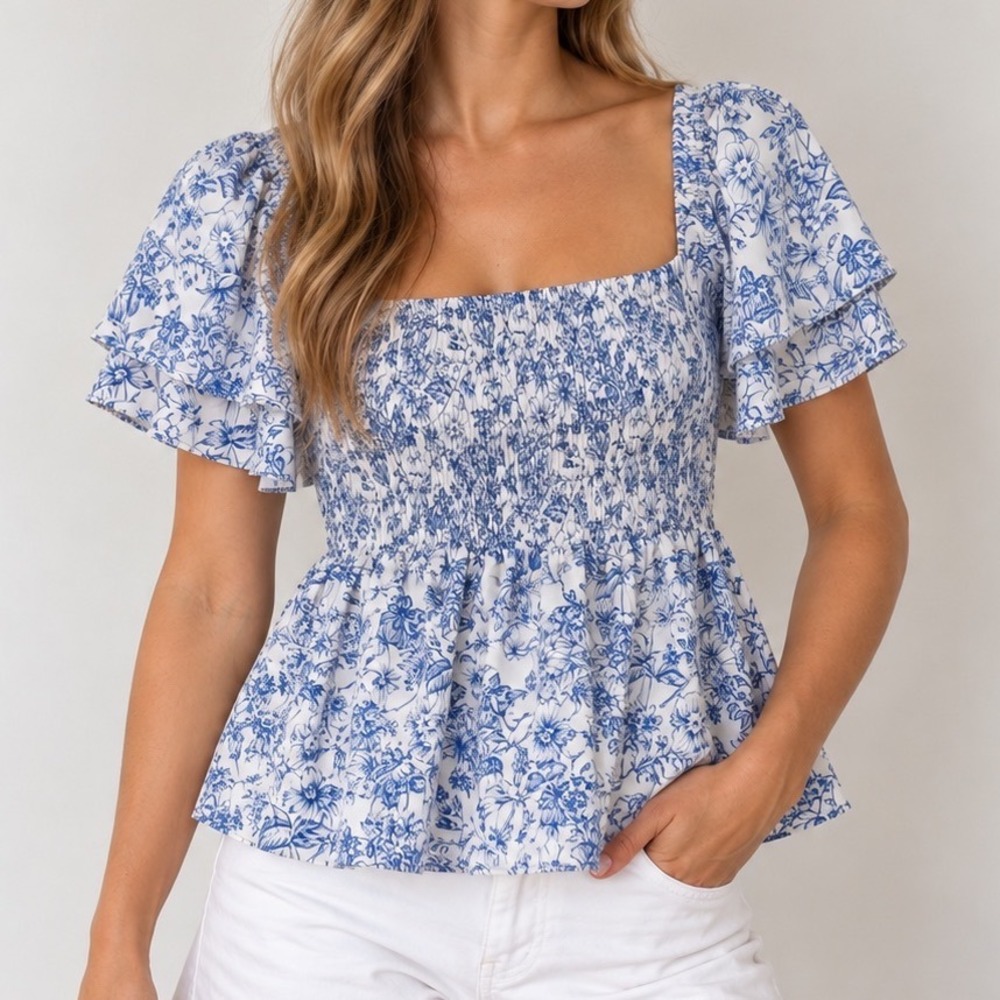 Blue White Floral Smocked Peplum Top Flutter Sleeve Cottagecore Coastal Blouse